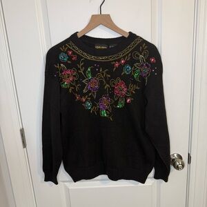 Black chunky knit hand beaded vintage‎ sweater women’s size medium trimmings